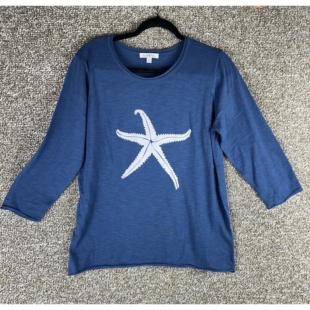 Catalog Favorites Womens Sweater Blue Starfish Sz Large Cotton Rolled Hem Soft